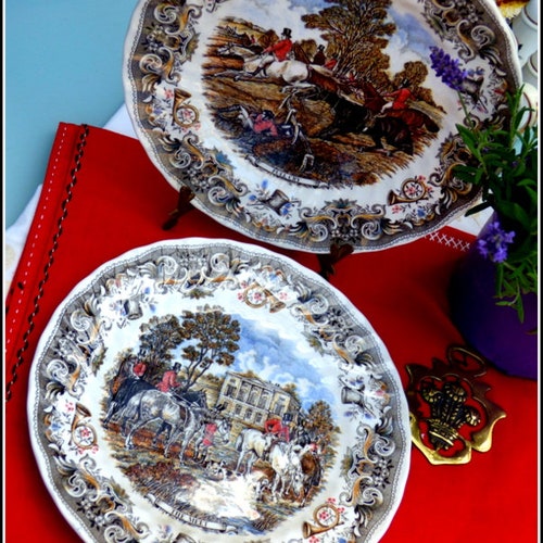 Fox Hunting China Dinner Plates Pair, Countryside English Scenes