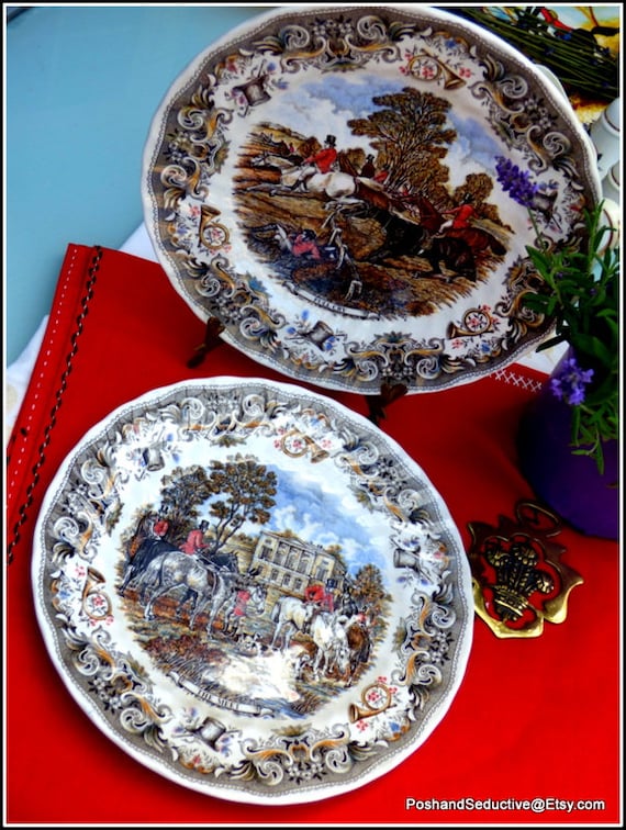 Fox Hunting China Dinner Plates Pair, Countryside English Scenes