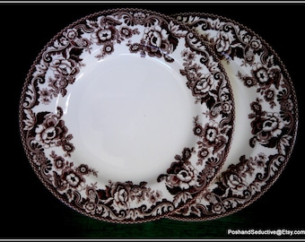 Spode DELAMERE plain 11" farmhouse kitchen two dinner plates brown transferware pattern display cabinet china feminine iconic floral wreath