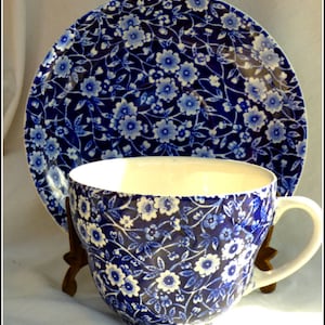Large breakfast cup saucer Blue Calico Burleign cobalt blue floral pattern, quality Staffordshire English ironstone, rare large size duo set