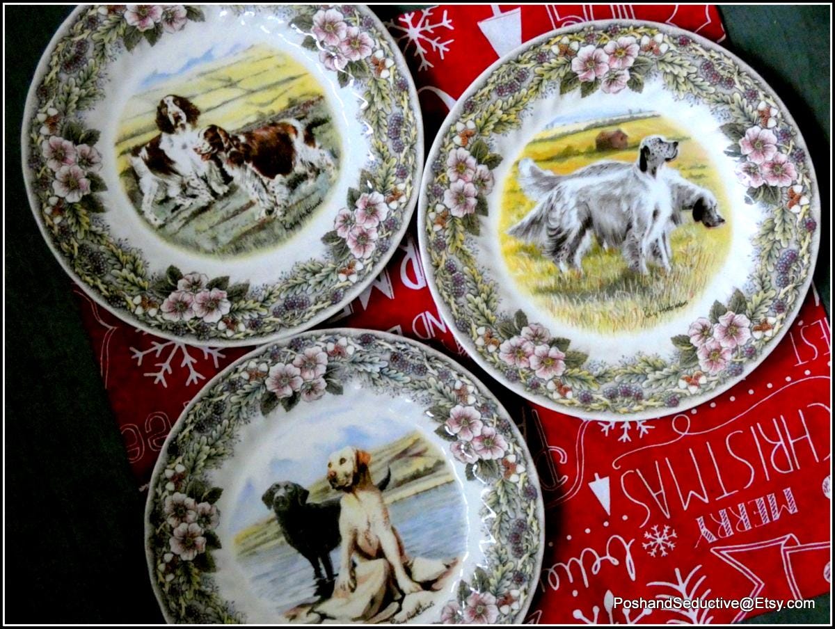 Hunting Dogs THREE China Dinner Plates Collection Set Countryside