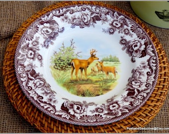 Spode Woodland series dinner plate, brown English transferware, MULE DEER pattern display cabinet china feminine iconic floral border wreath