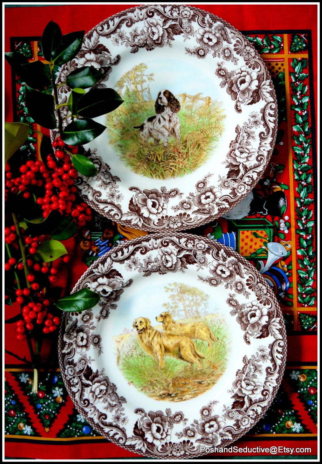 Spode Woodland Series Dinner Plates Pair HUNTING DOGS Brown
