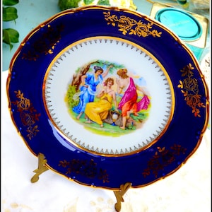 Cobalt blue & gold vintage dinner plate  &quot;Three Graces&quot; scalloped gild rim Czechoslovakia Bohemia Carlsbad porcelain EPIAG romantic china