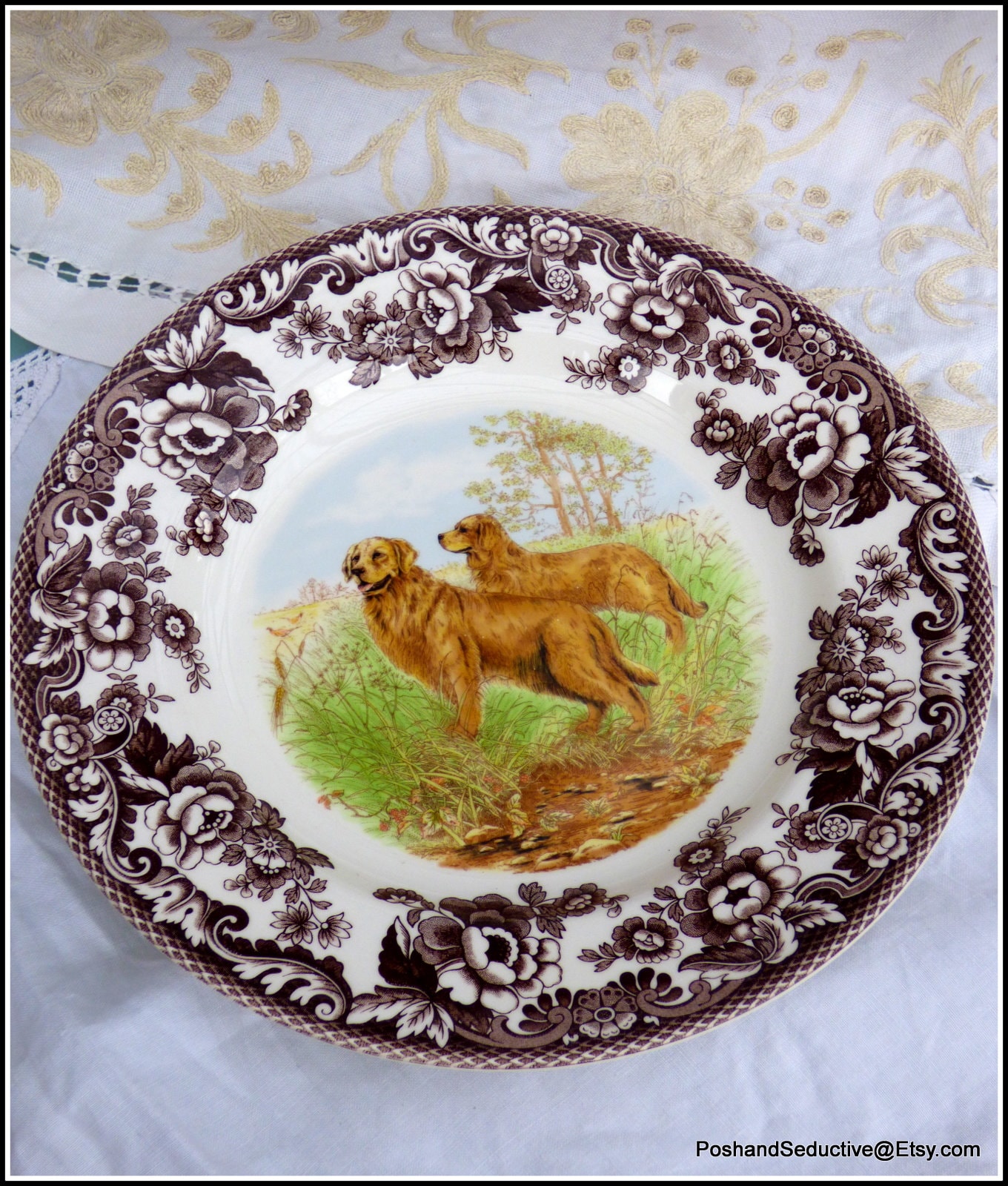 Spode Woodland Series Dinner Plate, Brown Transferware, GOLDEN