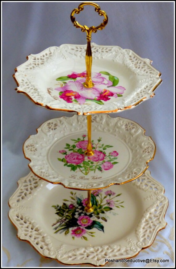 リモージュ2段ケーキスタンド 陶器花柄アンティークフランス