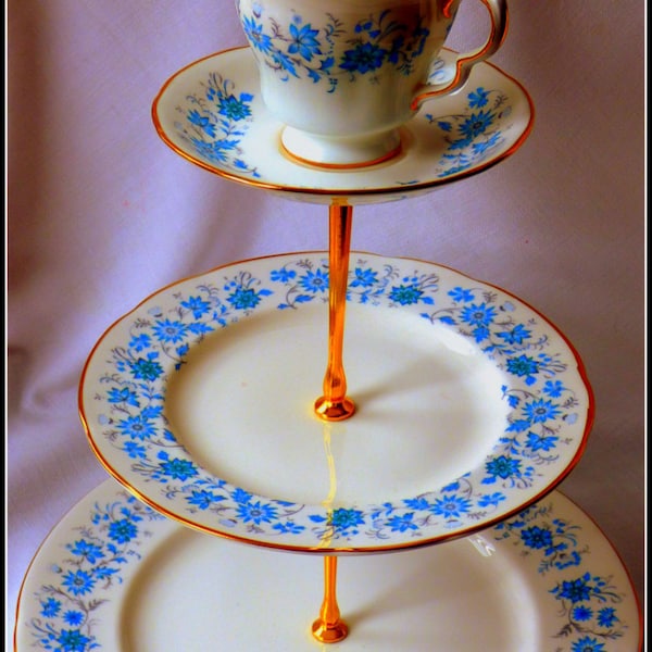 Stunning Colclough "Braganza" handmade three tier cake stand with sky-blue floral pattern of first grade quality English bone china c.1960