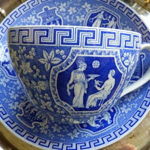 Pode incluir: Um conjunto de chávena e pires azul e branco com um desenho de chave grega. A chávena e o pires apresentam ilustrações detalhadas de figuras clássicas e padrões florais. O conjunto é colocado numa bandeja de prata, criando uma estética clássica.