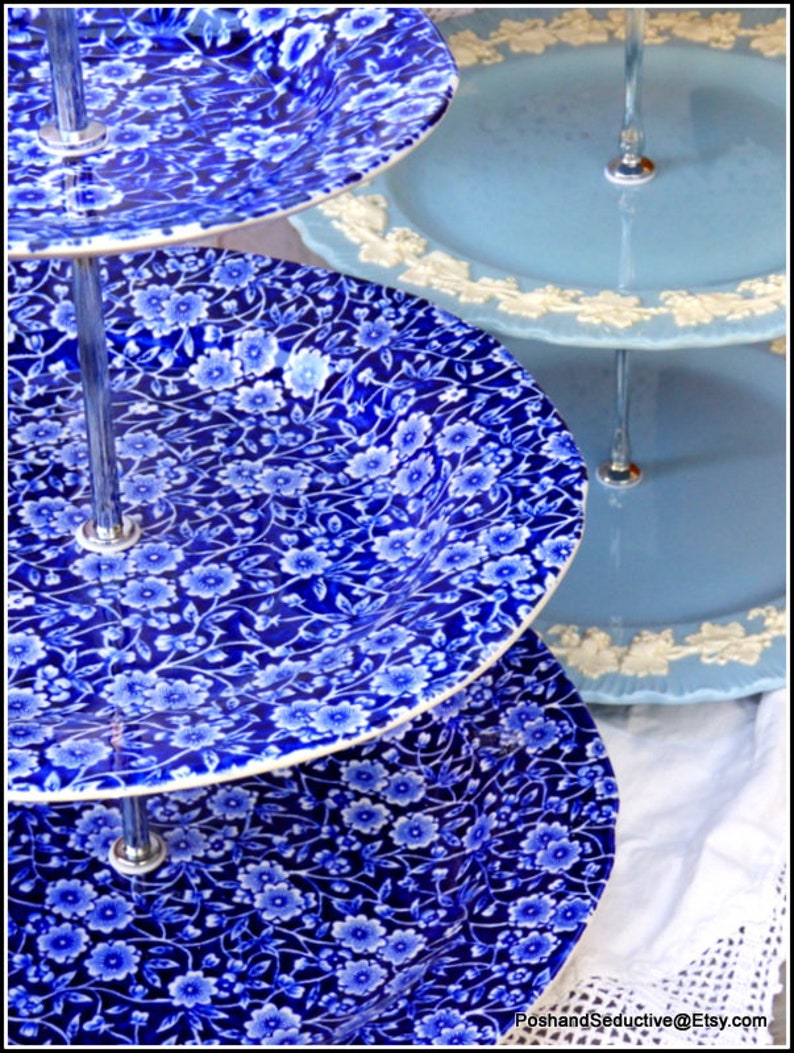 Burleigh china graduated plates of Blue Calico stunning pattern cake stand an exquisite Victorian afternoon tea centrepiece, precious gift image 8