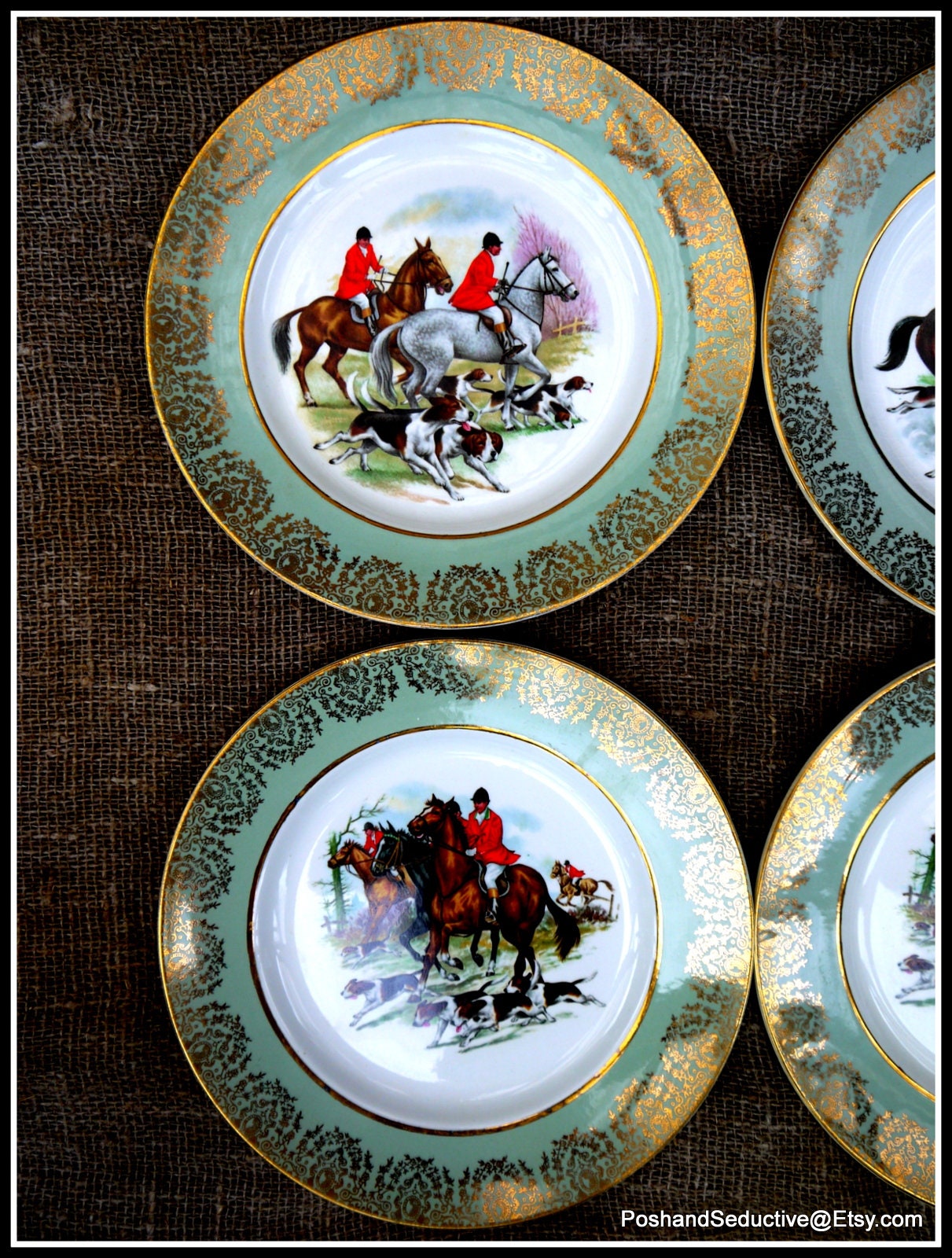 Set of Six Vintage 10" Dinner Plates Foxhunting Plates Gilded Rims ...
