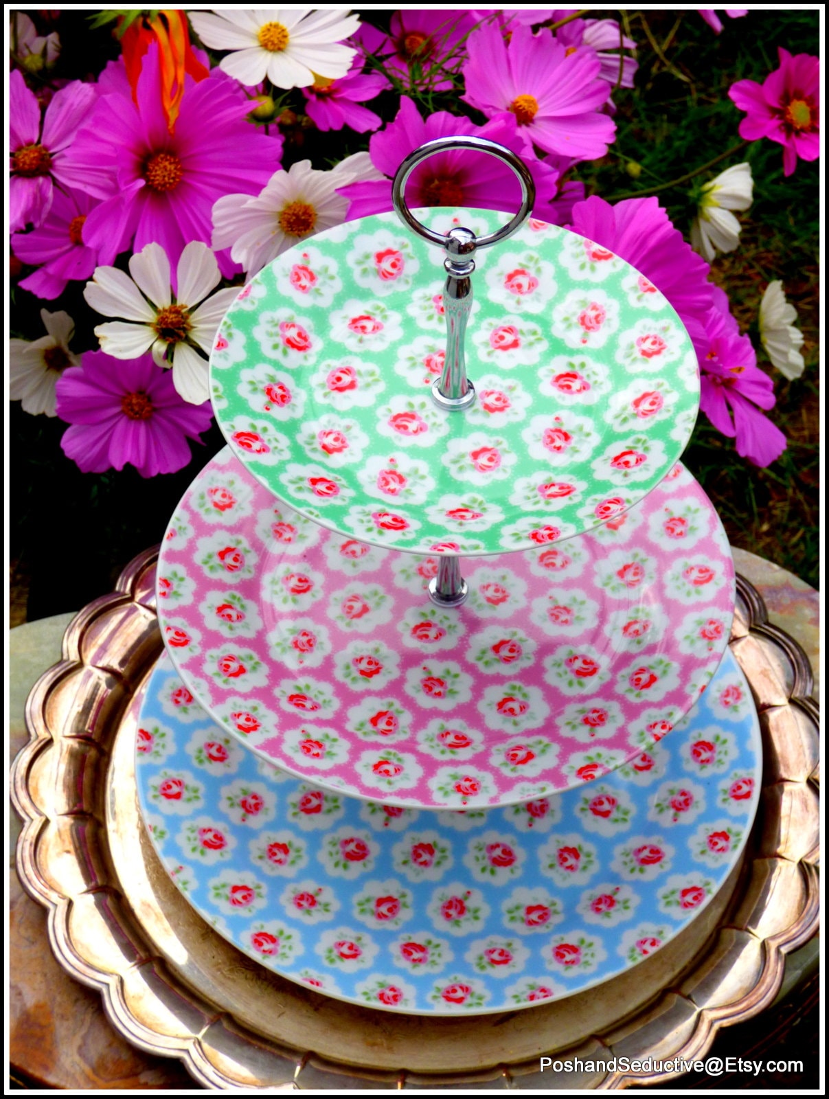 Tiered Cake Stand Cath Kidston Multicolour Provence Rose Pattern Exquisite 3 Tier Folk Country Afternoon Tea Etagere Cupcake Plate Tower Etsy