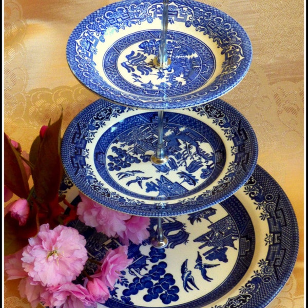 Churchill "Blue Willow" handmade cake stand using vintage best quality branded English made finest examples of porcelain and bone china
