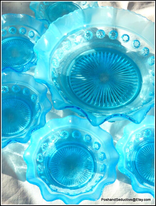 Turquoise Set of Serving Bowls One Large and Six Desert Size Etsy UK