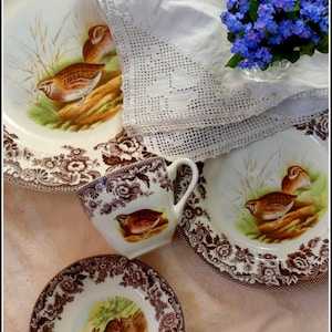 Juego de mesa Spode Woodland Series de 4 piezas QUAIL marrón, vitrina de porcelana inglesa con transferencia, diseño femenino icónico con borde floral y corona.