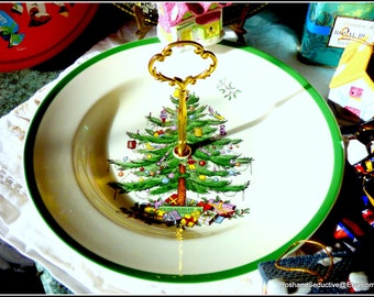 Christmas Tree cake 11" plate with handle handmade cake stand iconic festive Thanksgiving table centrepiece Spode traditional English china