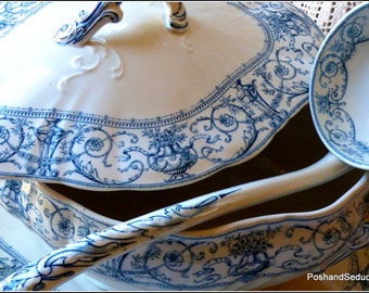 Victorian antique porcelain set of extra large lidded tureen, underplate and ladle by Doulton Burslem Selborne pattern lavender blue c.1895