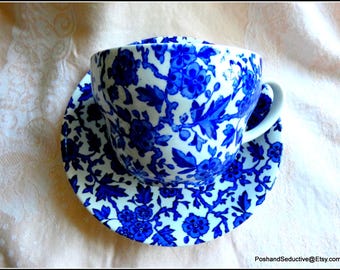 Large breakfast cup 440ml saucer ARDEN Burleign cobalt blue floral pattern quality Staffordshire English ironstone rare large size duo set