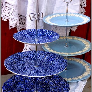 Burleigh china graduated plates of Blue Calico stunning pattern cake stand an exquisite Victorian afternoon tea centrepiece, precious gift image 3