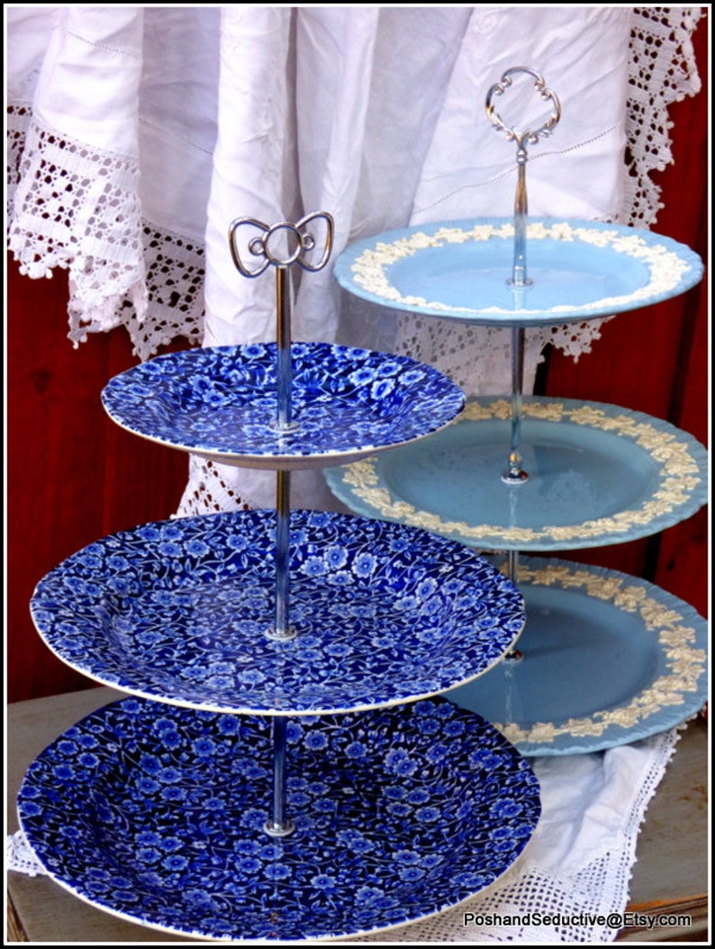 Burleigh china graduated plates of Blue Calico stunning pattern cake stand an exquisite Victorian afternoon tea centrepiece, precious gift image 3