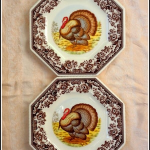 Spode Woodland series TURKEY hexagonal dinner plate pair 9 1/2" brown English transferware Easter Christmas pattern festive table gift decor