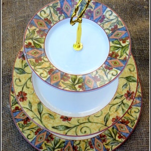Three tier graduated plates cake stand Royal Doulton CINNABAR autumn warm tapestry wallpaper floral pattern afternoon tea tiered plates set