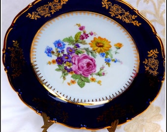 Cobalt blue & gold dinner plate floral pattern scalloped gild rim Czechoslovakia Bohemia Carlsbad fine porcelain EPIAG display cabinet china