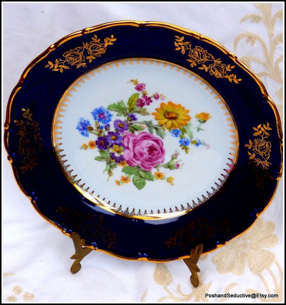 Cobalt Blue & Gold Dinner Plate Floral Pattern Scalloped Gild Etsy