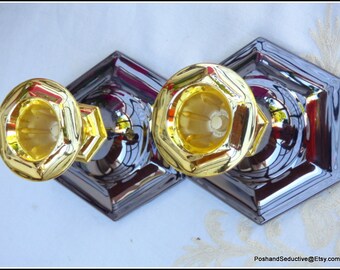Art Deco hexagonal candlestick holders pair goldplated SP on zink hematite lustre base, stylish black & gold combination romantic decor set