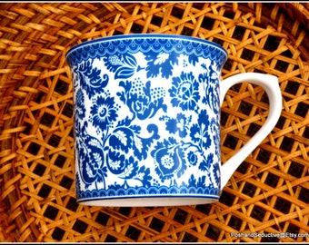 Tea cup, coffee mug fine English bone china, floral blue & white chintz, exquisite stylish design, afternoon tea whimsical charming gift set