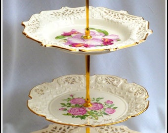 Retikulierte Blumenteller handgemachte Kuchen Stehen Royal Creamware, Krone Davenport limitierte Auflage zertifiziert englisch Porzellan, Korb griff, OOAK