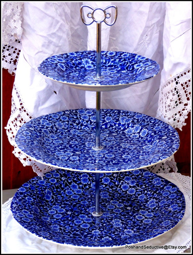 Burleigh china graduated plates of Blue Calico stunning pattern cake stand an exquisite Victorian afternoon tea centrepiece, precious gift image 1