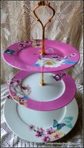 Three tier handmade chic cake stand "It's a baby-girl", glorious pink with rich floral pattern of exotic white lotus, peony, apple blossom
