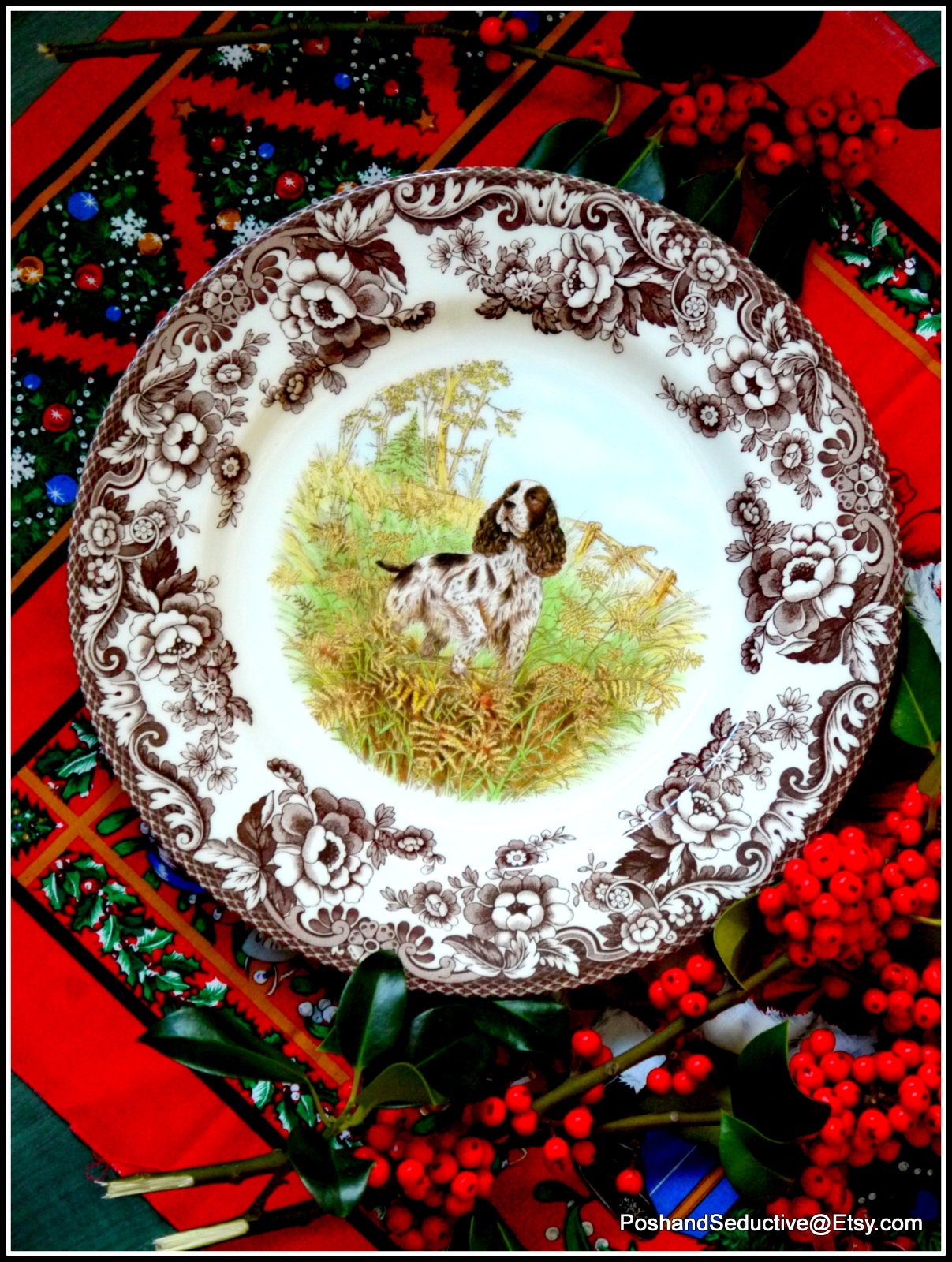 Spode Woodland Series Dinner Plates Pair HUNTING DOGS Brown