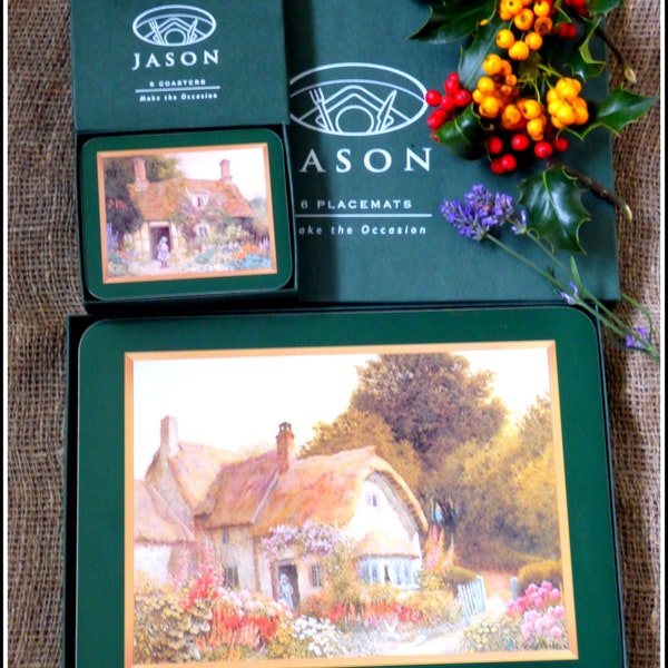 English Cottage JASON dining table place mats, coasters set Cottage  cork&acrylic English picturesque countryside scenes Thanksgiving table