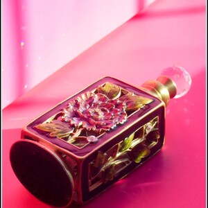 May include: A dark purple glass perfume bottle with a gold floral design and a clear glass stopper. The bottle is sitting on a pink surface.