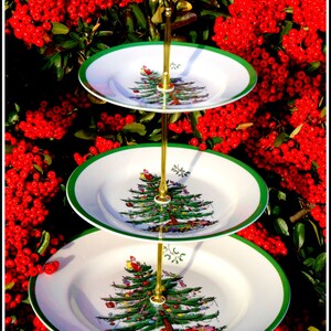 Christmas Tree three tier graduated plates handmade cake stand iconic festive Thanksgiving table centrepiece Spode traditional English china