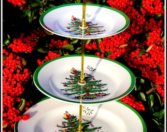 Christmas Tree three tier graduated plates handmade cake stand iconic festive Thanksgiving table centrepiece Spode traditional English china