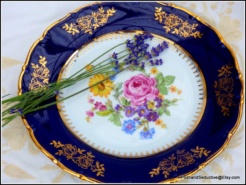 Cobalto azul y oro plato de cena patrón floral escabido borde | Etsy