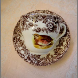 May include: A brown and white teacup and saucer with a floral pattern and a bird illustration. The cup has a handle and the saucer has a scalloped edge.
