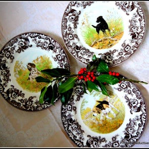 Può includere: Tre piatti in ceramica marrone e bianco con un motivo floreale e un'illustrazione di un cane da caccia al centro. I piatti sono su una tovaglia bianca con un rametto di foglie verdi e bacche rosse.
