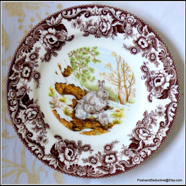 Spode Woodland series 11" dinner plates pair, brown transferware, Easter Snow Rabbit & WILD HARE pattern display cabinet china festive table