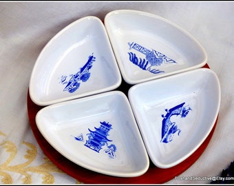Vintage Ringtons Quarter Willow Pattern Snack Dishes and Wooden