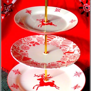 Christmas Red three tier graduated plates handmade cake stand Scandinavian festive Thanksgiving table centrepiece traditional English china