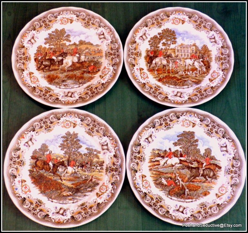 Fox Hunting Four China Dinner Plates Collection, Countryside