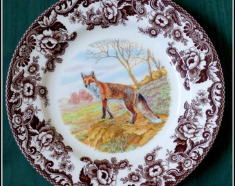 Spode Woodland series dinner plate 11&quot; brown English transferware RED FOX pattern display china dish feminine iconic floral border wreath