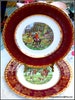 Fox hunting art vintage collectible burgundy red delux large dinner plates pair display cabinet equestrian china hand painted gilded rims 