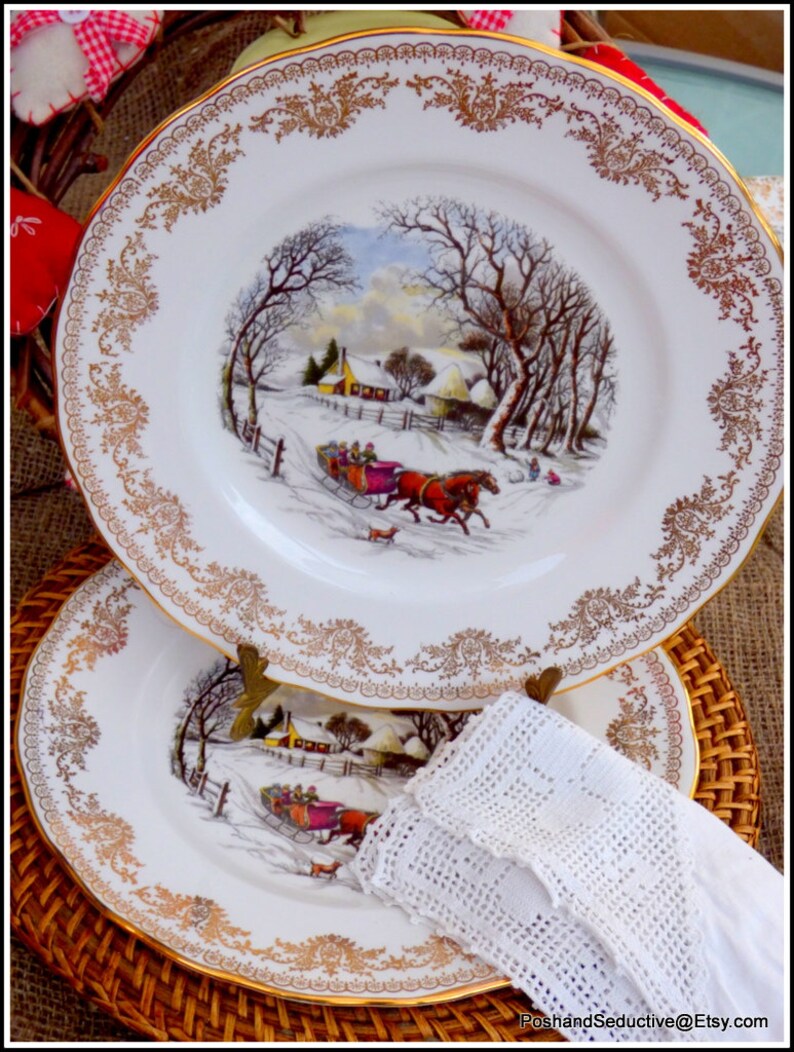 White Christmas Vintage Dinner Plates Pair English Etsy UK