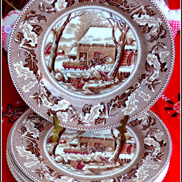 Christmas Historic America Thanksgiving Frozen Up six dinner plates set, Johnson Brothers genuine hand engraving brown English transferware