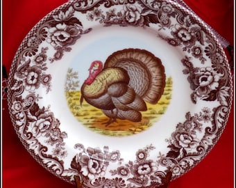 Christmas Turkey china dinner plate, brown English transferware, Spode iconic festive ironstone pattern, Christmas farmhouse table decor