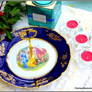 Cobalt blue & gold cake serving plate with handle, &quot;Three Graces&quot; scalloped gild rim Czechoslovakia Bohemia Carlsbad fine porcelain EPIAG